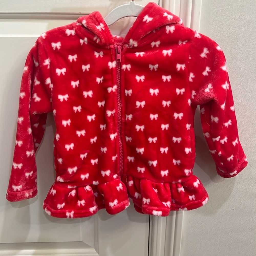 Kids teddy ruffled jacket size 3T. Hot pink color with white bows